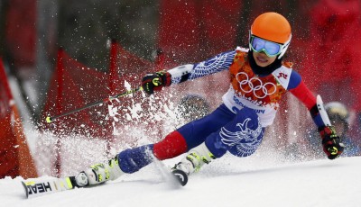 Vanessa Mae skis during the first run of the women's alpine skiing giant slalom event at the 2014 Sochi Winter Olympics