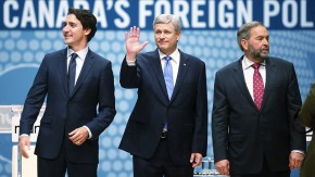 Liberal leader Justin Trudeau, Conservative leader and Prime Minister Stephen Harper and New Democratic Party (NDP) leader Thomas Mulcair (L-R) talk before the Munk leaders' debate on Canada's foreign policy in Toronto, Canada September 28, 2015. Canadians go to the polls in a federal election on October 19, 2015. (Mark Blinch/Reuters)