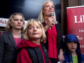 OTTAWA, Ont. (19/8/15)Ñ Catherine McKenna delivers a proud victory speech to loyal supporters at the Clockhouse Brew Pub in Ottawa on the eve of Canada's federal election, October 20, with her three children proudly at her side. McKenna won a tight race against the NDP's hugely popular former MP Paul Dewar and claimed the central Ottawa riding. Photo by Hannah Lawson