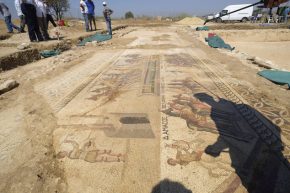 The shadow of Archeologist Fryni Hadjichristofi is cast over a rare mosaic floor dating to the 4th century depicting scenes from a chariot race in the hippodrome, uncovered and shown to the media for the first time Wednesday Aug. 10, 2016, in Akaki village outside from capital Nicosia, Cyprus. The extraordinary mosaic floor is 11 meters long and four meters wide (36 by 13 feet) depicting scenes of a chariot race in the hippodrome in ancient Rome, in ornate detail. (AP Photo/Pavlos Vrionides)